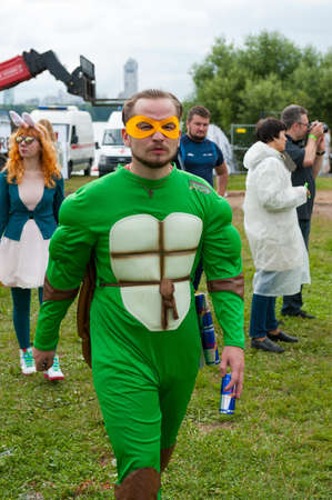 MOSCOW - JULY 28: Participants posing before fly on Red Bull Flugtag on July 28, 2013 in Moscow. Red Bull Flugtag is an event in which competitors attempt to fly homemade human-powered flying machinesのeditorial素材