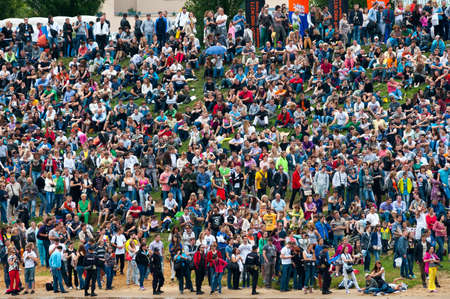MOSCOW - JULY 28: People attend Red Bull Flugtag on July 28, 2013 in Moscow. Red Bull Flugtag is an event in which competitors attempt to fly homemade human-powered flying machinesのeditorial素材