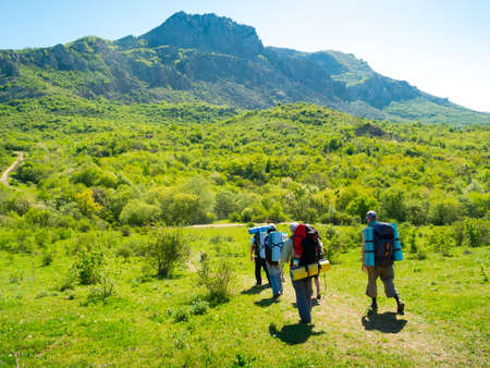 Hikers group trekking in Crimea mountainsの写真素材
