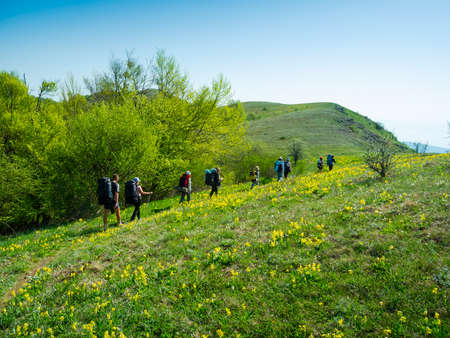 Hikers group trekking in Crimea mountainsの写真素材