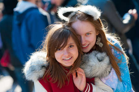 MOSCOW-APRIL 13: Unidentified young people having fun on the Dreamflash holiday on April 13, 2014 in Moscow. On this positive festival people paint their faces, offering free hugs and blow bubbles.のeditorial素材