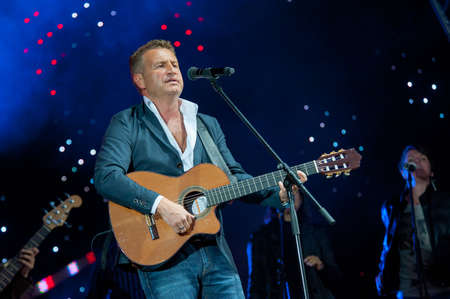 MOSCOW - JUNE 14: Russian celebrity singer Leonid Agutin performs at XI International Jazz Festival "Usadba Jazz" in Archangelskoye Museum-Mansion on June 14, 2014 in Moscowのeditorial素材