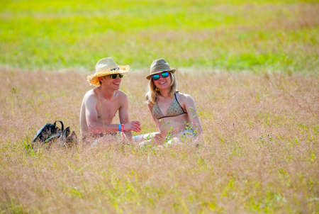 BIG ZAVIDOVO, RUSSIA - JULY 4: People attend open-air rock festival "Nashestvie" on July 4, 2014 in Big Zavidovo, Russia. "Nashestvie" is the biggest rock festival in Russia, more than 200000 visitorsのeditorial素材