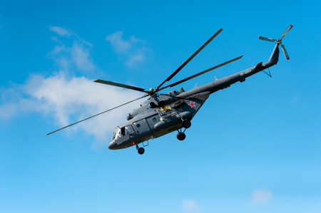 BIG ZAVIDOVO, RUSSIA - JULY 5: Military helicopter makes show at open-air rock festival "Nashestvie" on July 5, 2014 in Big Zavidovo, Russia.のeditorial素材