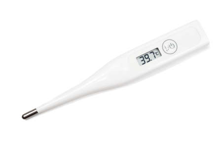 Digital thermometer showing high temperature, isolated on whiteの写真素材