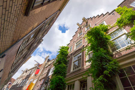 Facades of houses in old city in Amsterdam, bottom viewの写真素材