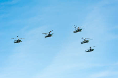 MOSCOW - MAY 7: Helicopters participate at last rehearsal of the parade dedicated to the 70th anniversary of the victory in the Second World War in Red Square on May 7, 2015 in Moscowのeditorial素材