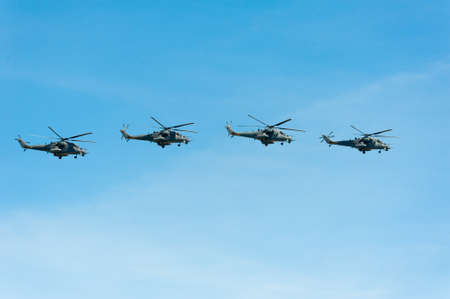 MOSCOW - MAY 7: Helicopters participate at last rehearsal of the parade dedicated to the 70th anniversary of the victory in the Second World War in Red Square on May 7, 2015 in Moscowのeditorial素材