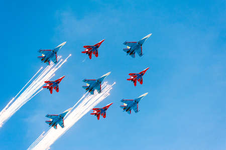 MOSCOW - MAY 7: Jet fighters do firework at last rehearsal of the parade dedicated to 70th anniversary of the victory in the Second World War in Red Square on May 7, 2015 in Moscowのeditorial素材