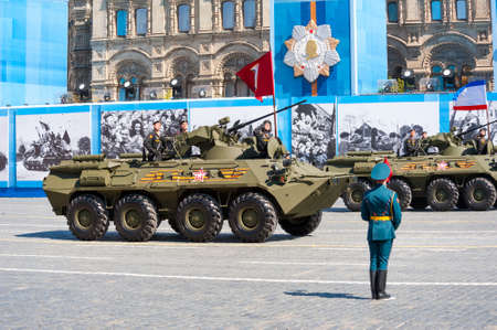 MOSCOW - MAY 7: Soldiers in military vehicles participate at last rehearsal of the parade dedicated to the 70th anniversary of the victory in the Second World War in Red Square on May 7, 2015 in Moscowのeditorial素材