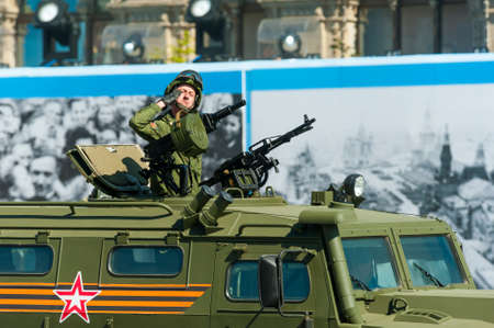 MOSCOW - MAY 7: Soldiers in military vehicles participate at last rehearsal of the parade dedicated to the 70th anniversary of the victory in the Second World War in Red Square on May 7, 2015 in Moscowのeditorial素材