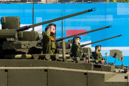 MOSCOW - MAY 7: Soldiers in military vehicles participate at last rehearsal of the parade dedicated to the 70th anniversary of the victory in the Second World War in Red Square on May 7, 2015 in Moscowのeditorial素材