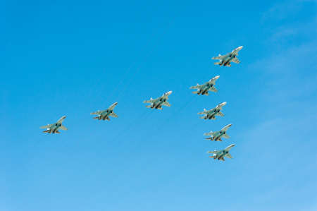 MOSCOW - MAY 7: Jet fighters participate at last rehearsal of the parade dedicated to 70th anniversary of the victory in the Second World War in Red Square on May 7, 2015 in Moscowのeditorial素材