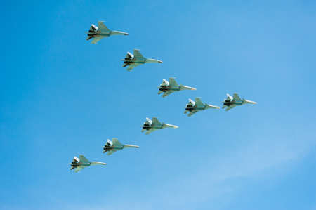 MOSCOW - MAY 7: Jet fighters participate at last rehearsal of the parade dedicated to 70th anniversary of the victory in the Second World War in Red Square on May 7, 2015 in Moscowのeditorial素材