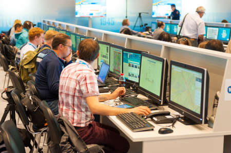 MOSCOW - MAY 9: Journalists work in the international press center, they write news about 70th anniversary of the victory in the Second World War events on May 9, 2015 in Moscowのeditorial素材