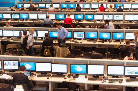 MOSCOW - MAY 9: Journalists work in the international press center, they write news about 70th anniversary of the victory in the Second World War events on May 9, 2015 in Moscowのeditorial素材