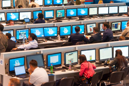 MOSCOW - MAY 9: Journalists work in the international press center, they write news about 70th anniversary of the victory in the Second World War events on May 9, 2015 in Moscowのeditorial素材