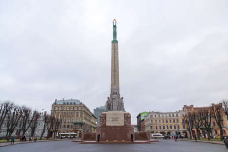 RIGA, LATVIA - DECEMBER 19: Riga Freedom Monument at daytime on December 19, 2015 in Riga, Latviaのeditorial素材