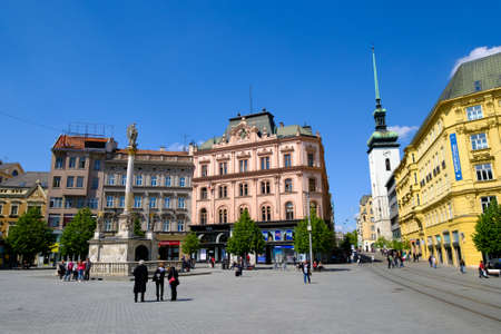 Brno, Czech Republic - April 29, 2016: People visit Freedom Square in old city at sunny dayのeditorial素材