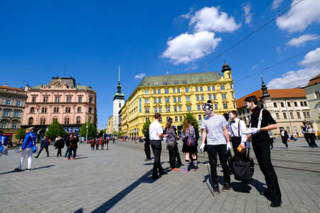 Brno, Czech Republic - April 29, 2016: People visit Freedom Square in old city at sunny dayのeditorial素材