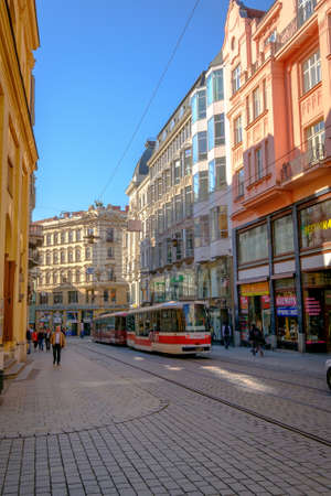 Brno, Czech Republic - April 30, 2016: People visit old city street at sunny dayのeditorial素材