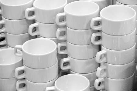 Many white empty cups in cafeの写真素材