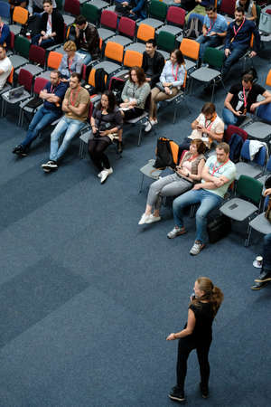 Moscow, Russia - September 3, 2016: People attend Digital Marketing Conference in big hall at day time. Top view.のeditorial素材