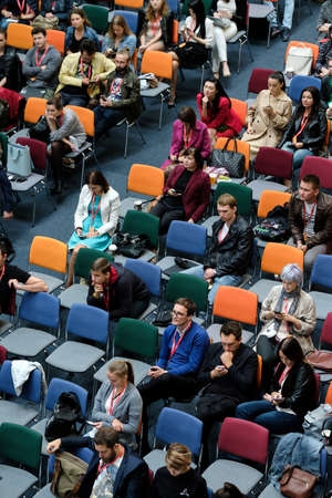 Moscow, Russia - September 3, 2016: People attend Digital Marketing Conference in big hall at day time. Top view.のeditorial素材