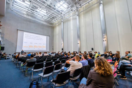 Moscow, Russia - September 3, 2016: People attend Digital Marketing Conference in big hall at day time. Top view.のeditorial素材