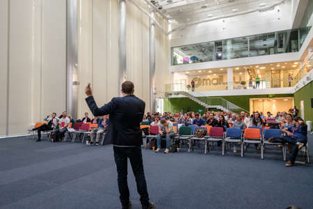 Moscow, Russia - September 3, 2016: People attend Digital Marketing Conference in big hall at day time. Top view.のeditorial素材
