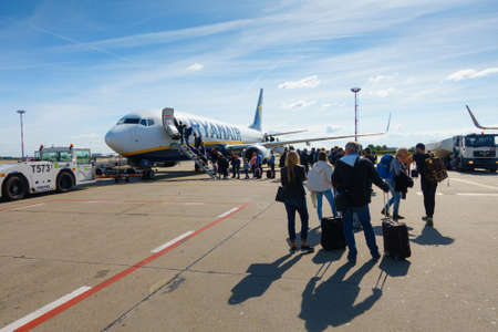 Berlin, Germany - September 20. 2016: Passengers boarding on the aircraft of low cost airline company Ryanairのeditorial素材
