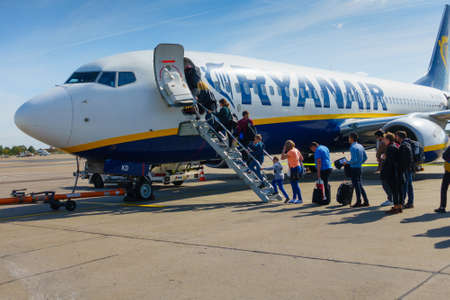 Berlin, Germany - September 20. 2016: Passengers boarding on the aircraft of low cost airline company Ryanairのeditorial素材