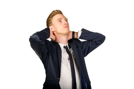 Thoughtful young businessman isolated on white background