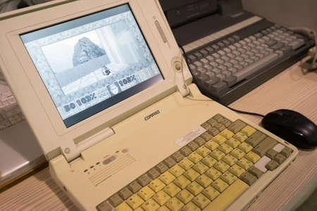 Moscow, Russia - November 19, 2016: Working retro pc and laptops with vintage games on Gamefilmexpo eventのeditorial素材