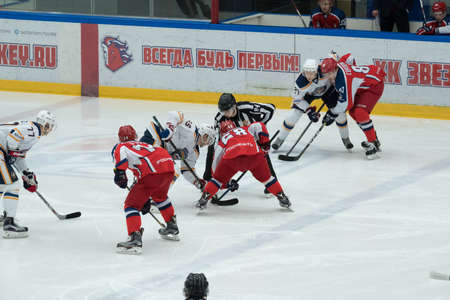 Chekhov, Russia - January 7, 2016: Hockey match between the teams Zvezda (Chekhov) and Orsk (Southern Urals) in Vityaz Ice Palace. Zvezda wins 4:2のeditorial素材