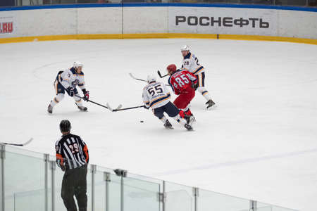Chekhov, Russia - January 7, 2016: Hockey match between the teams Zvezda (Chekhov) and Orsk (Southern Urals) in Vityaz Ice Palace. Zvezda wins 4:2のeditorial素材
