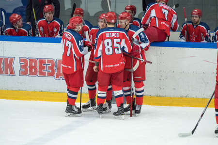 Chekhov, Russia - January 7, 2016: Hockey match between the teams Zvezda (Chekhov) and Orsk (Southern Urals) in Vityaz Ice Palace. Zvezda wins 4:2のeditorial素材