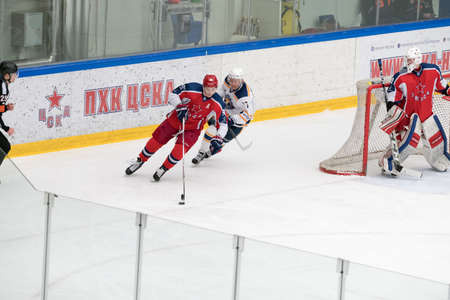 Chekhov, Russia - January 7, 2016: Hockey match between the teams Zvezda (Chekhov) and Orsk (Southern Urals) in Vityaz Ice Palace. Zvezda wins 4:2のeditorial素材