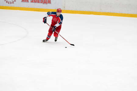 Chekhov, Russia - January 7, 2016: Hockey match between the teams Zvezda (Chekhov) and Orsk (Southern Urals) in Vityaz Ice Palace. Zvezda wins 4:2のeditorial素材