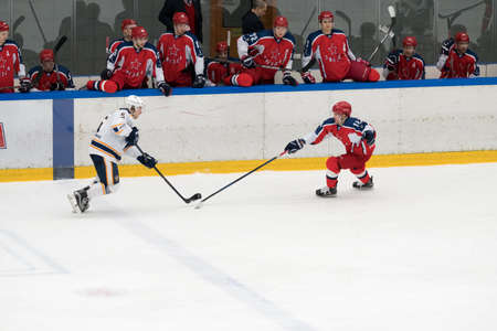 Chekhov, Russia - January 7, 2016: Hockey match between the teams Zvezda (Chekhov) and Orsk (Southern Urals) in Vityaz Ice Palace. Zvezda wins 4:2のeditorial素材