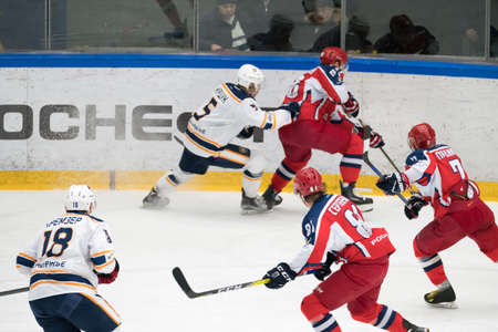Chekhov, Russia - January 7, 2016: Hockey match between the teams Zvezda (Chekhov) and Orsk (Southern Urals) in Vityaz Ice Palace. Zvezda wins 4:2のeditorial素材