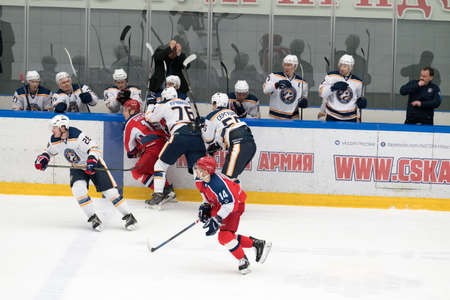 Chekhov, Russia - January 7, 2016: Hockey players change at the match between the teams Zvezda (Chekhov) and Orsk (Southern Urals) in Vityaz Ice Palace. Zvezda wins 4:2のeditorial素材