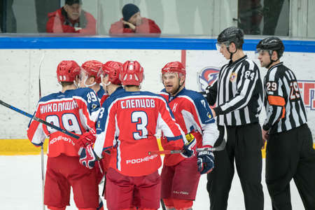 Chekhov, Russia - January 7, 2016: Hockey players change at the match between the teams Zvezda (Chekhov) and Orsk (Southern Urals) in Vityaz Ice Palace. Zvezda wins 4:2のeditorial素材