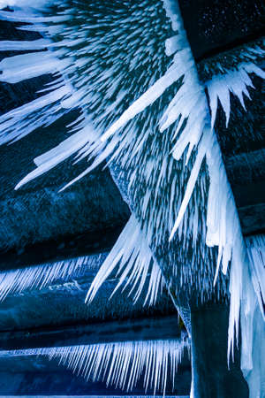 Lot of sharp and long icicles bottom view