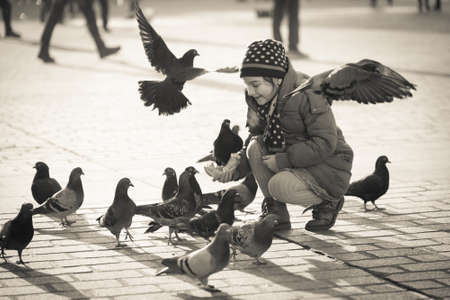 Krakow, Poland - December 20, 2016: Girl age 6-8 years feeding pigeons at main square in old city at day timeのeditorial素材