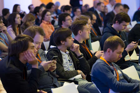 Moscow, Russia - March 3, 2017: People attend Inspace Forum 2017 in Tekhnopolis congress hallのeditorial素材