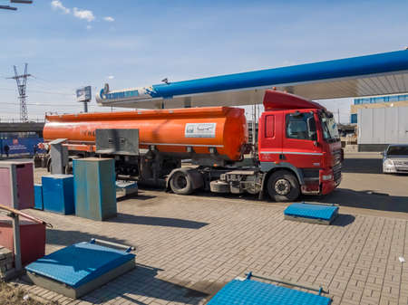 Moscow, Russia - March 26, 2017: Truck with fuel at the gas station at day timeのeditorial素材
