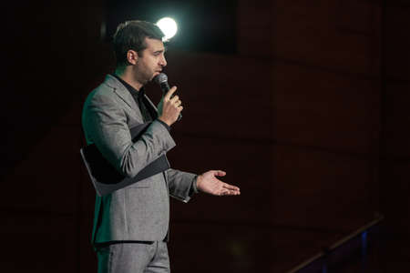 Moscow, Russia - April 24, 2017: Famous Russian showman Ivan Urgant performs at Synergy Global Forum at Crocus Expo Hall. This is one of the largest business forums with more than 5000 participantsのeditorial素材