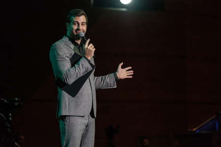 Moscow, Russia - April 24, 2017: Famous Russian showman Ivan Urgant performs at Synergy Global Forum at Crocus Expo Hall. This is one of the largest business forums with more than 5000 participantsのeditorial素材