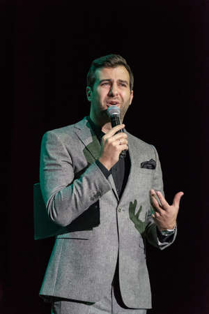 Moscow, Russia - April 24, 2017: Famous Russian showman Ivan Urgant performs at Synergy Global Forum at Crocus Expo Hall. This is one of the largest business forums with more than 5000 participantsのeditorial素材